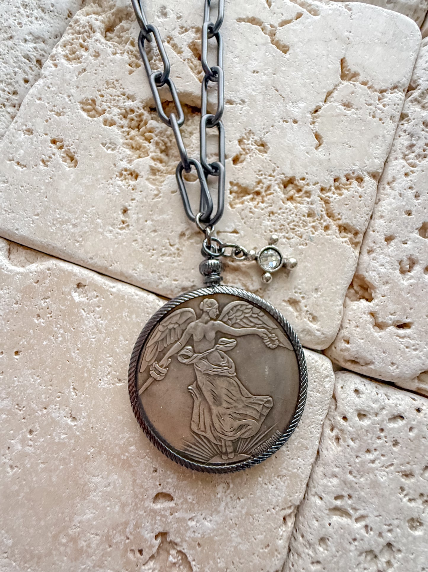 French Coin Gunmetal Necklace OOAK