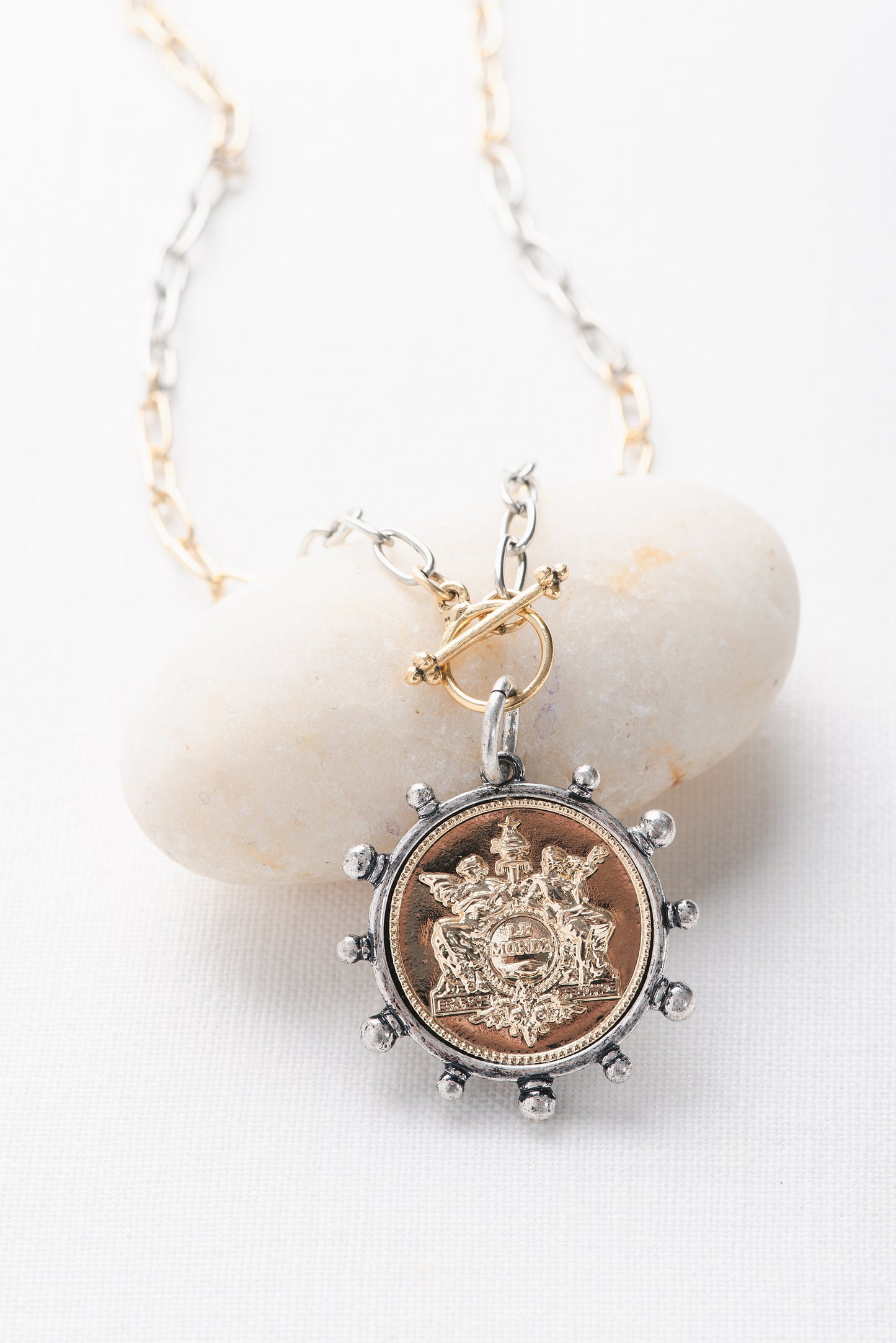 A single Mix it Up Necklace on a large, mixed metal, paperclip chain with a gold coin surrounded by a silver bezel. The chain has a gold, front closure toggle.