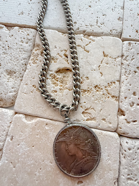 Silver Coin Necklace on Antique Silver Curb Chain OOAK