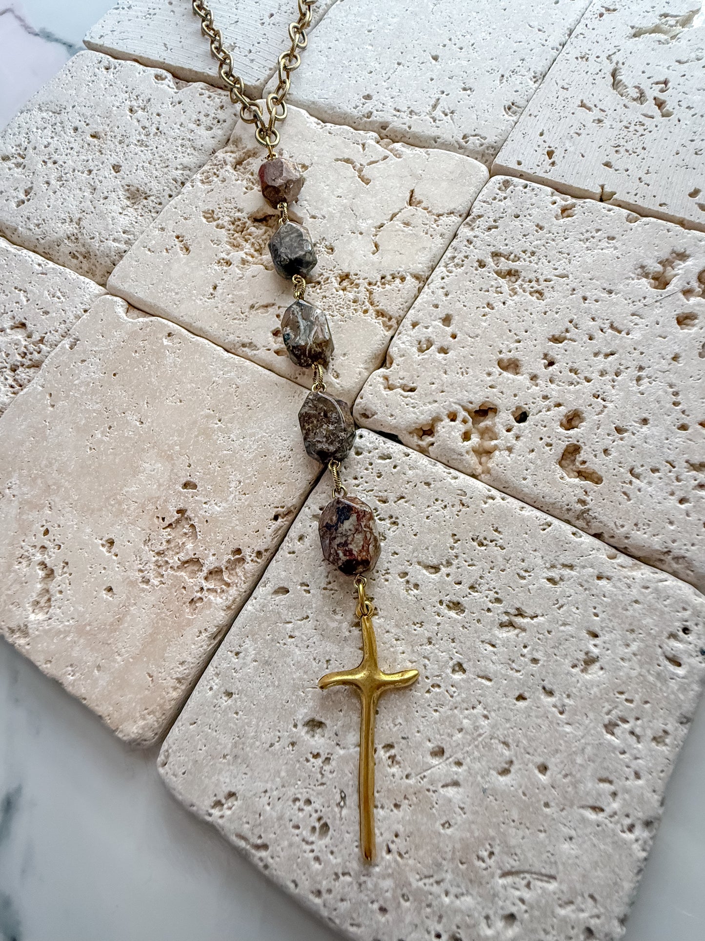 Pietersite and Antique Gold Drop Cross Beaded Necklace