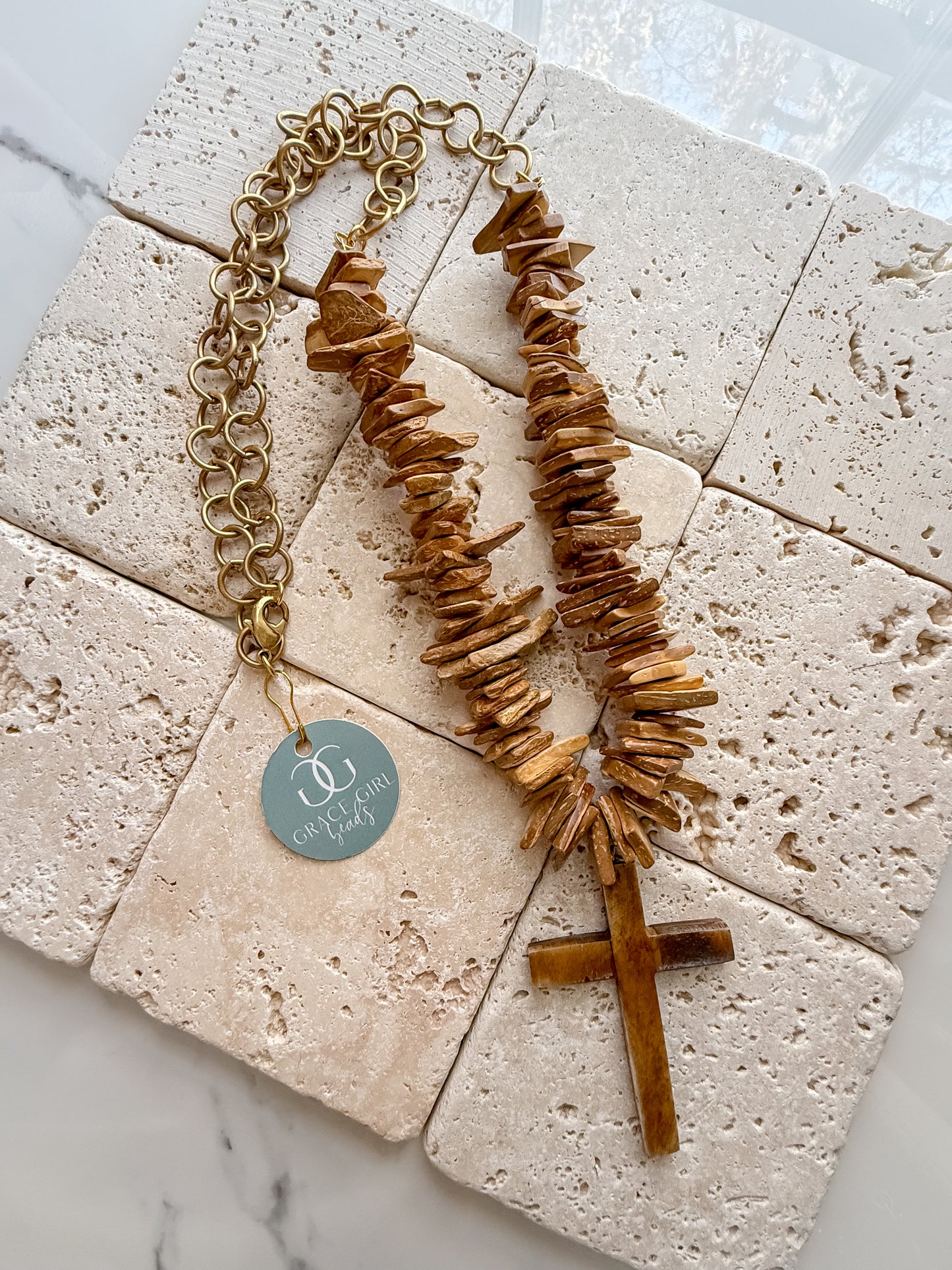 Wood and Bone Cross Statement Necklace OOAK