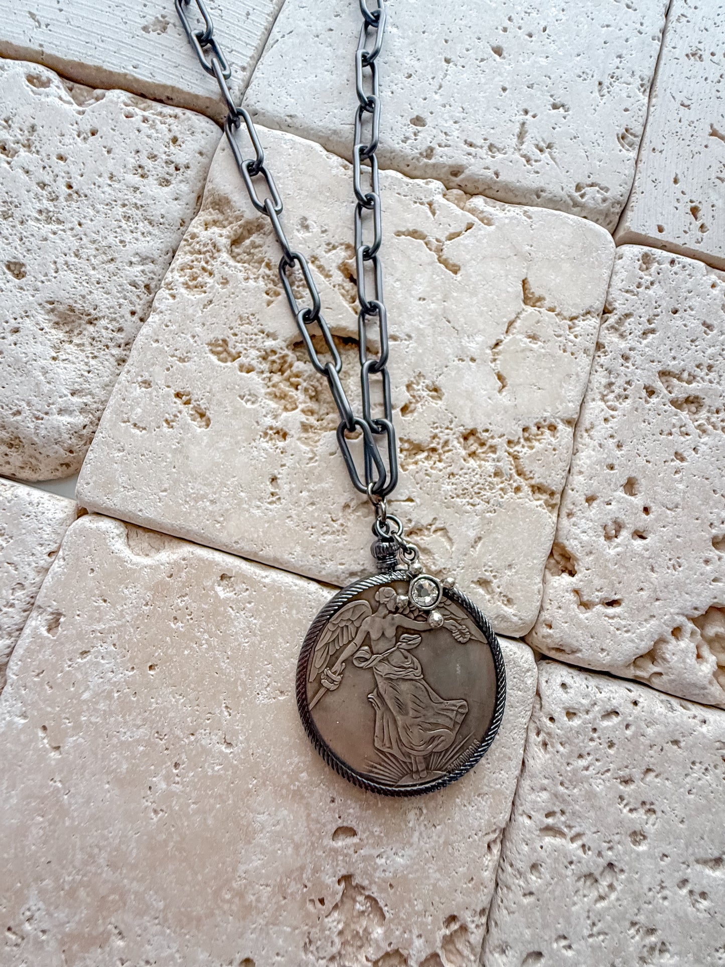 French Coin Gunmetal Necklace OOAK