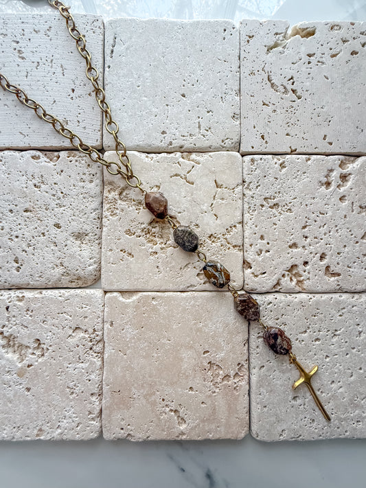 Pietersite and Antique Gold Drop Cross Beaded Necklace