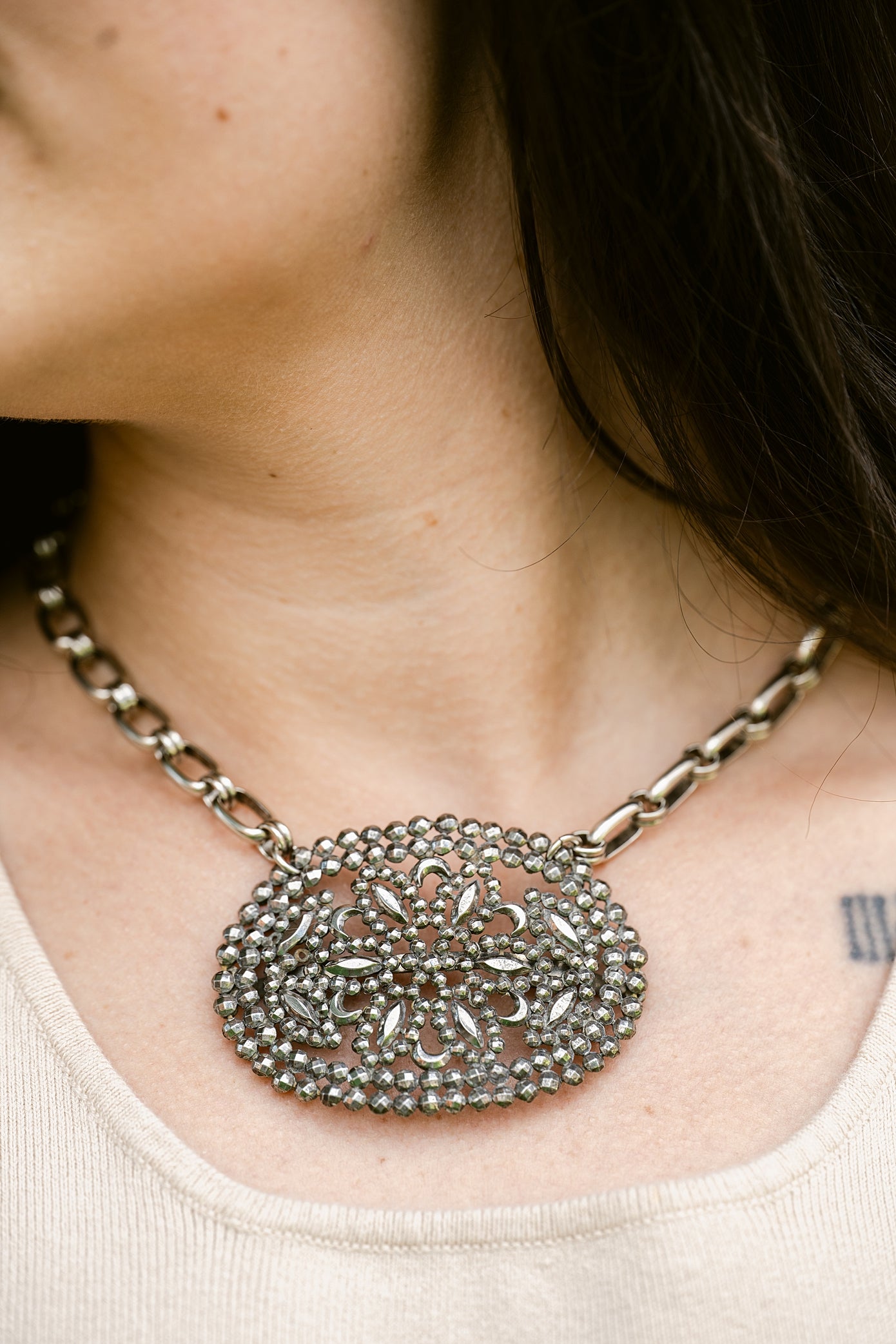 Vintage Silver French Steel Cut Shoe Buckle Necklace OOAK